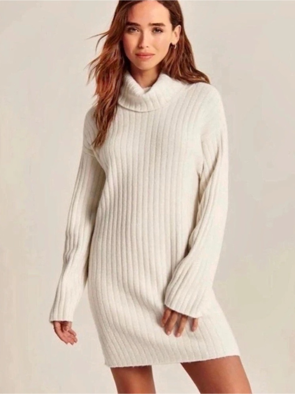 Abercrombie & Fitch Ribbed Turtleneck Sweater Dress Ivory Cream XLP Petite Cozy